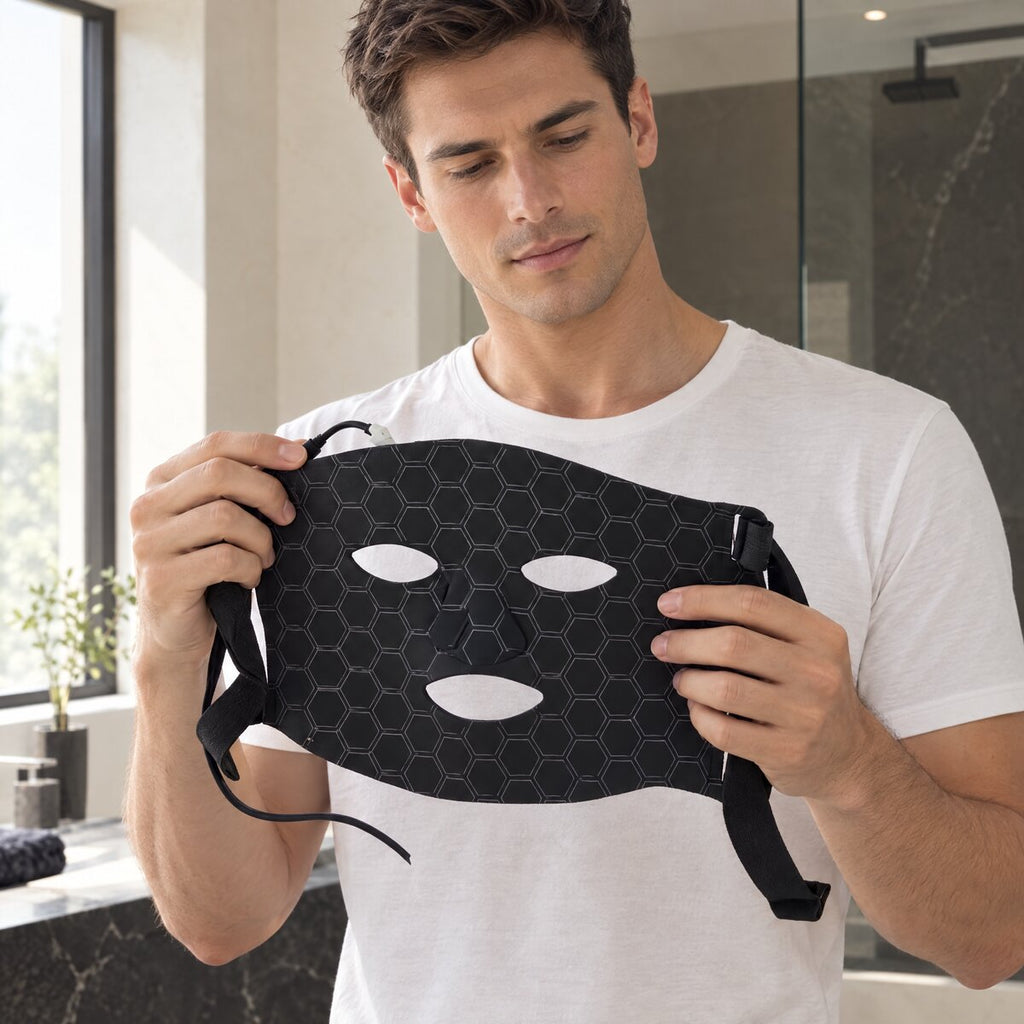 A man in a bathroom holding the Mog Mask