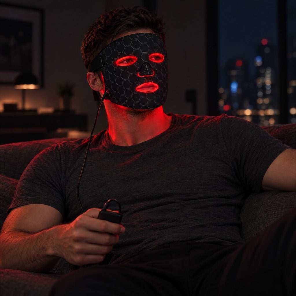 A man in a dark room wearing the Mog Mask, lit red