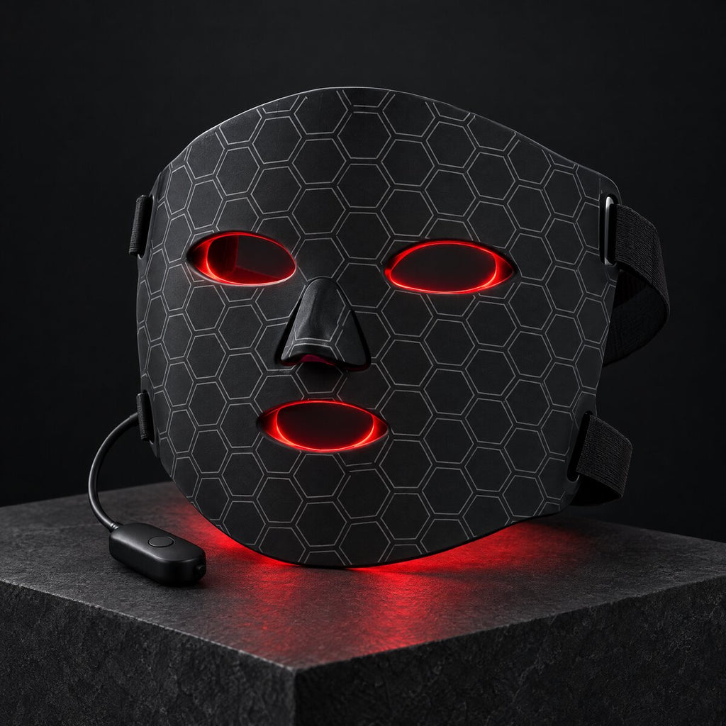 The Mog Mask: a black LED face mask with a grey hexagon pattern, glowing red